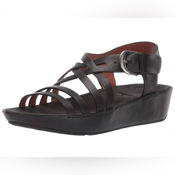 Fitflop Women’s Naia Black Wedge Leather Sandals Strappy Comfort Mature 41 / 9 - Picture 1 of 8